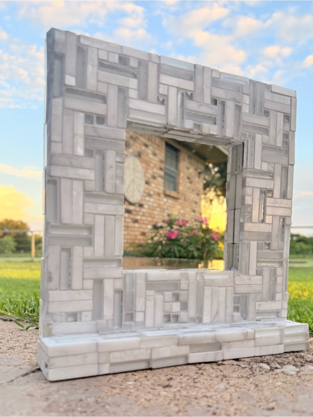 White Mosaic Tabletop Vanity Mirror- Modern Tiled Frame With 6x6” Inside Mirror